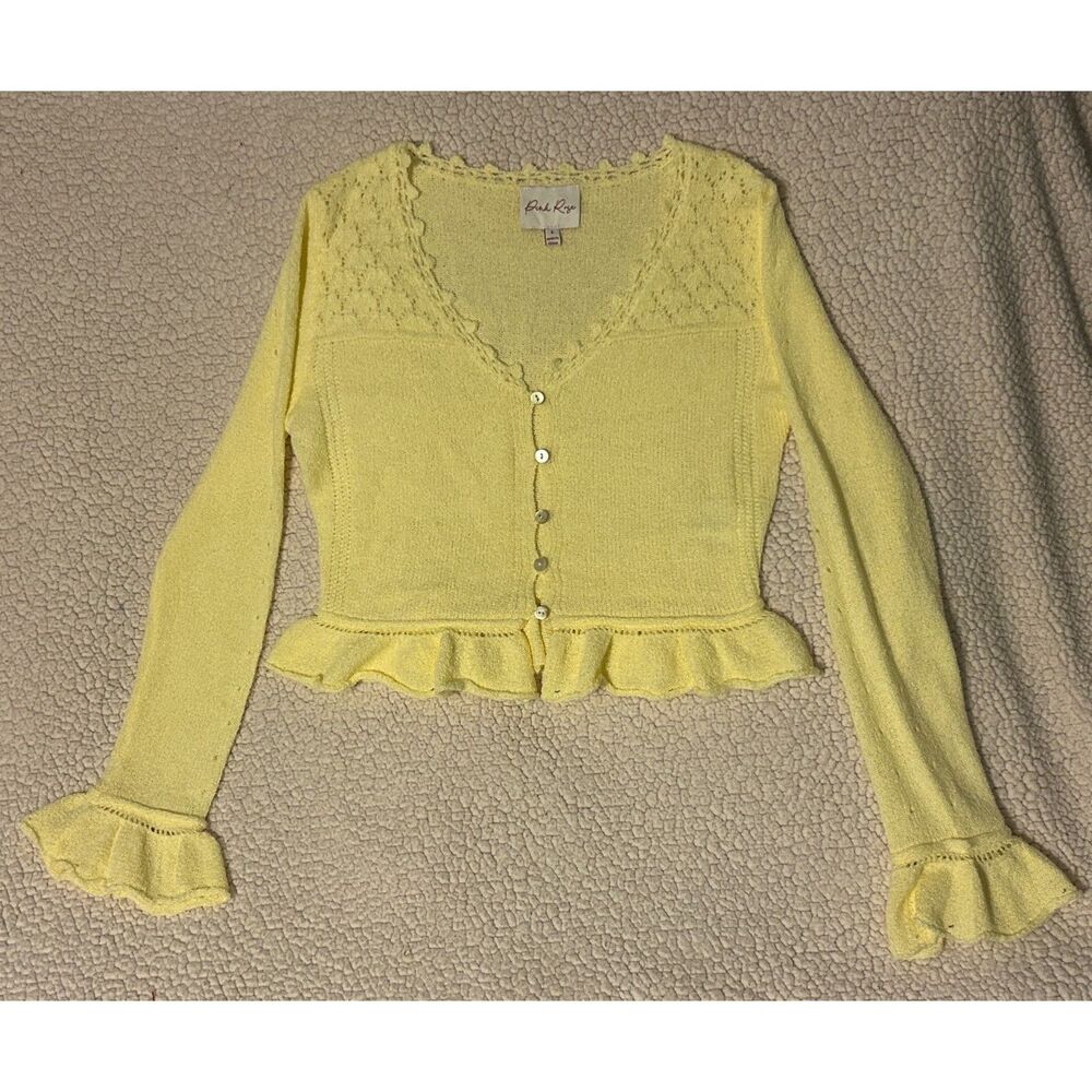 Coquette Cottagecore Yellow Ruffle Cropped Knit Cardigan S